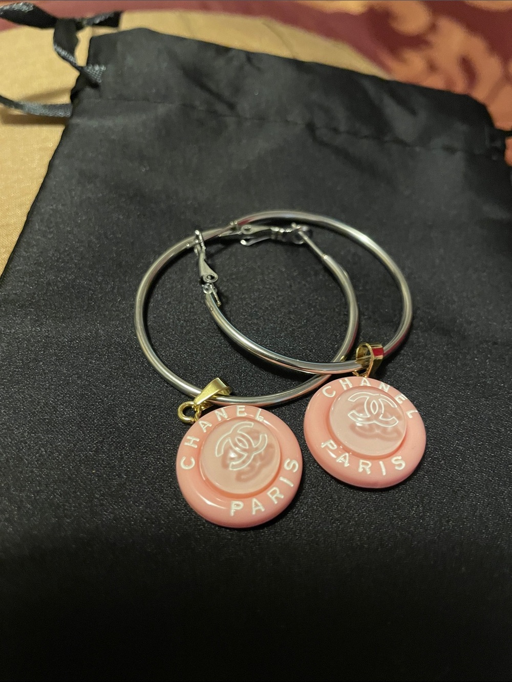 CHANEL upcycled Pink and Gold Hoop Earrings with Logo Disc